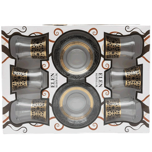 مجموعة أكواب شاي بريميوم مع أطباق سوداء وذهبية