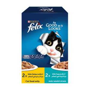 طعام رطب "أس جود أس إت لوكس" للقطط البالغة بالدجاج والتونة في الجيلي من فيليكس