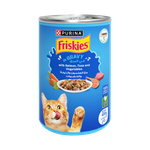 طعام القطط الرطب بالسلمون والتونة والخضراوات في المرق من فريسكيز