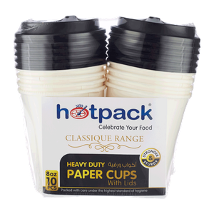 Hotpack Heavy Duty Paper Cups White With Black Lid