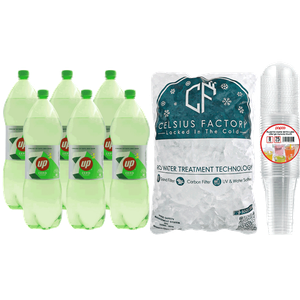 سفن أب زيرو + مكعبات ثلج + أكواب بلاستيك مع أغطية