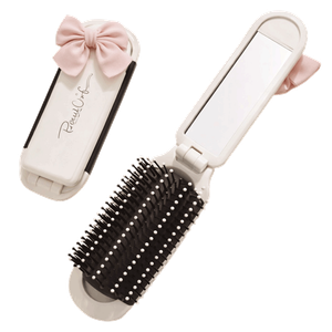 Bows & Dots Foldable Travel Comb With Mirror - White & Pink Bow