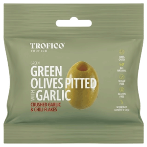 Trofico Greek Green Pitted Olives with Garlic & Chili Flakes