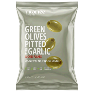 Trofico Greek Green Pitted Olives with Garlic & Chili Flakes