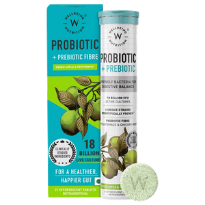 أقراص فوارة بنكهة التفاح الأخضر والنعناع، ​​غنية بالبروبيوتيك والألياف البريبايوتيكية من ويلبيينج نيوترشن