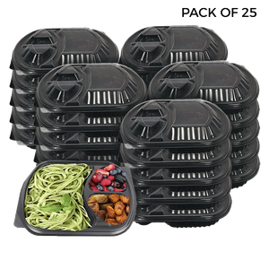 Chinatown 3 Compartment Disposable Plastic Food Container with Lid - 23.5 x 21 x 5.5 cm