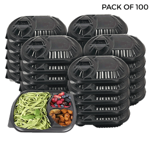 Chinatown 3 Compartment Disposable Plastic Food Container with Lid - 23.5 x 21 x 5.5 cm