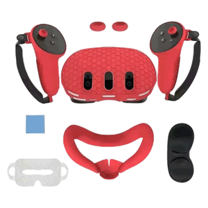 طقم سيليكون لنظارة ميتا كويست 3 مع حقيبة بولي بروبيلين - أحمر