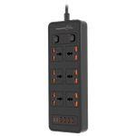 Porodo Blue 6AC Dual-Switch Power Strip - Black
